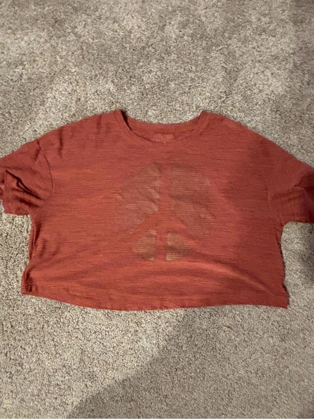 Rust Red Cropped Tee with Subtle Peace Graphic